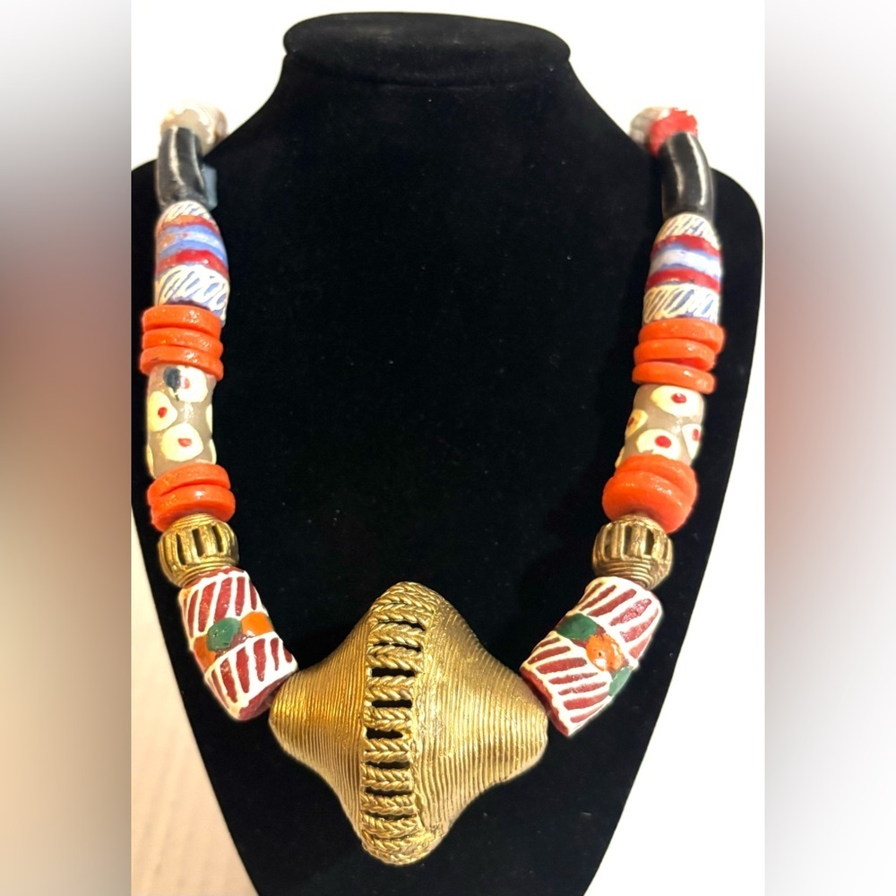 Handmade Africa Multicolor Beaded Necklace with Gold Focal Accent - Picture 1 of 3